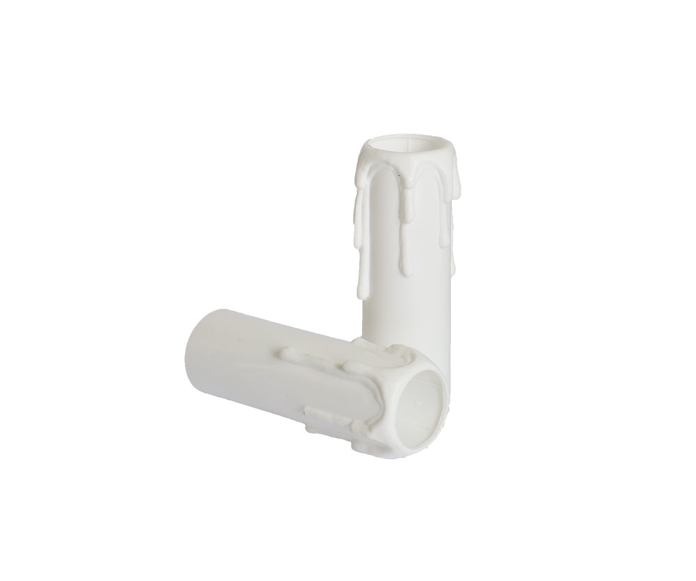 Een witte plastic kaarshuls voor een kroonluchter met een lengte van 85 mm.
