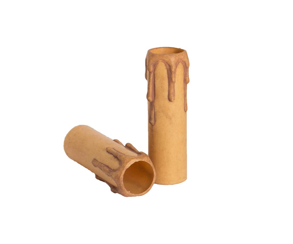 Plastic kaarshuls antiek bruin. Een antiek bruine plastic huls met een lengte van 100 mm, geschikt voor een E14 kaarsfitting.