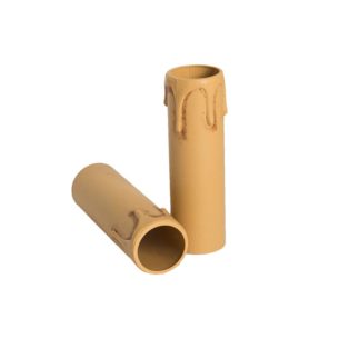 Plastic kaarshuls antiek bruin. Een antiek bruine plastic huls met een lengte van 85 mm, geschikt voor een E14 kaarsfitting.