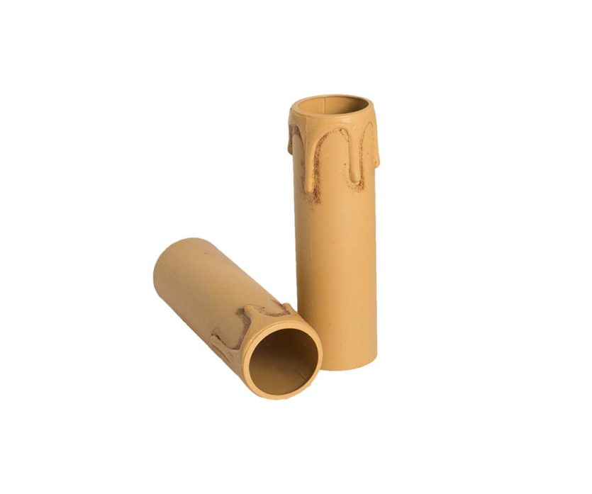 Plastic kaarshuls antiek bruin. Een antiek bruine plastic huls met een lengte van 85 mm, geschikt voor een E14 kaarsfitting.