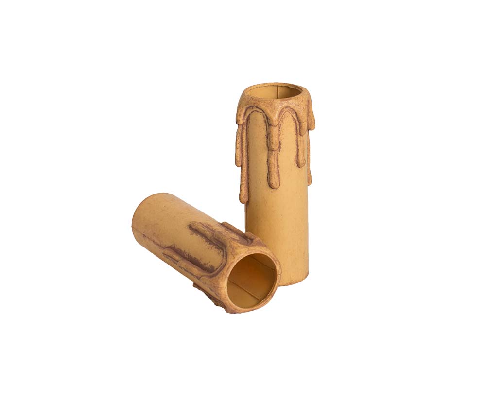 Plastic kaarshuls antiek bruin. Een antiek bruine plastic huls met een lengte van 85 mm, geschikt voor een E14 kaarsfitting.