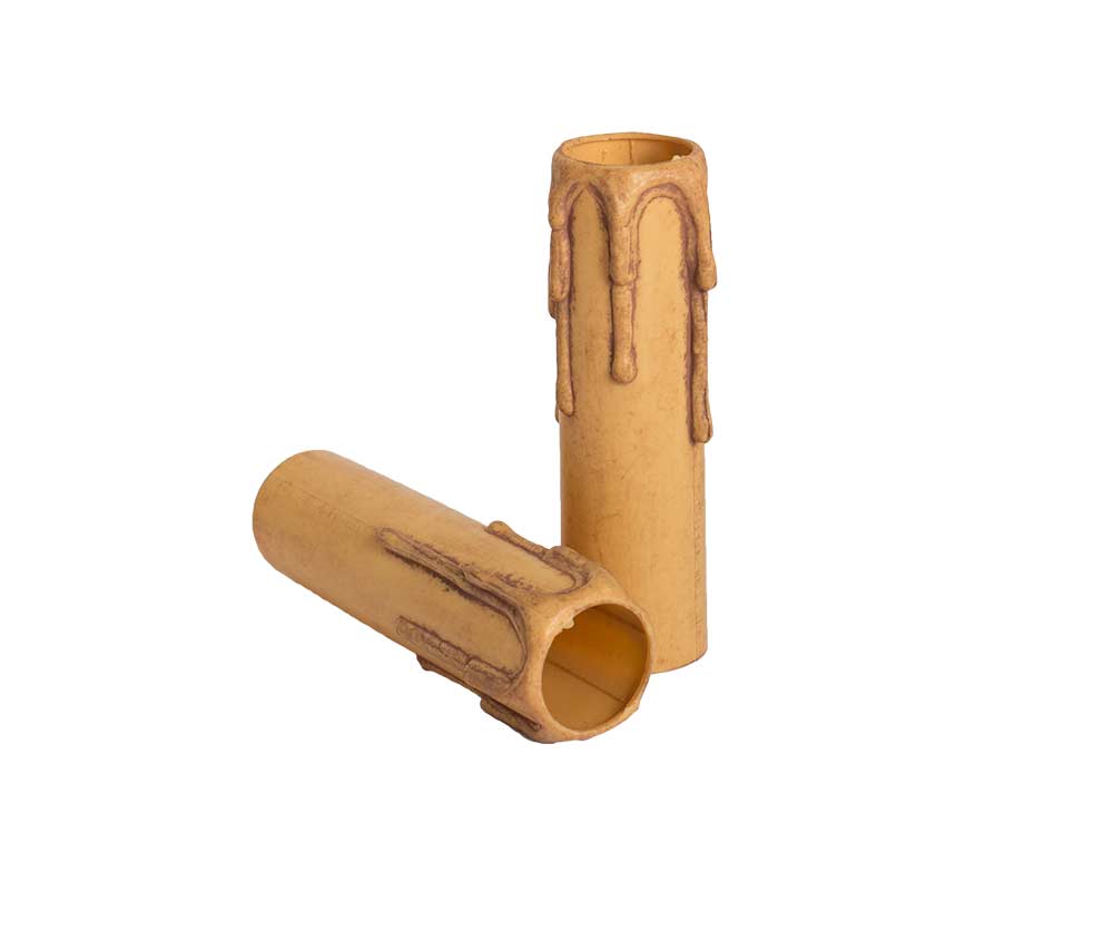 Plastic kaarshuls antiek bruin. Een antiek bruine plastic huls met een lengte van 100 mm, geschikt voor een E14 kaarsfitting.