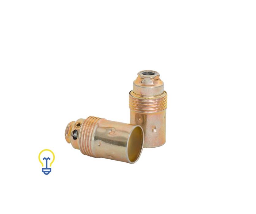 Metalen lamphouder. Een metalen, vermessingde lamphouder met een kleine, E14 fitting.