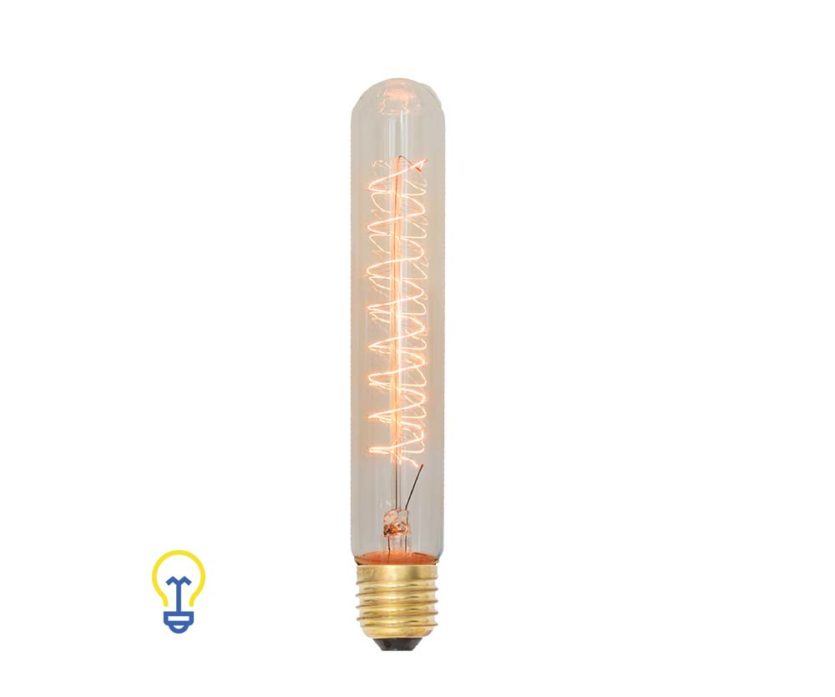 Kooldraadlamp Buislamp. Een zeer grote, langwerpige Edison filament bulb met grote E27 fitting. Het gedraaide kooldraad geeft een sierlijk en warm effect.