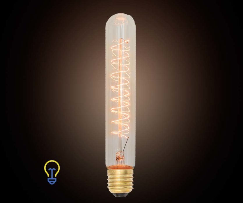 Kooldraadlamp Buislamp. Een zeer grote, langwerpige Edison filament bulb met grote E27 fitting. Het gedraaide kooldraad geeft een sierlijk en warm effect.