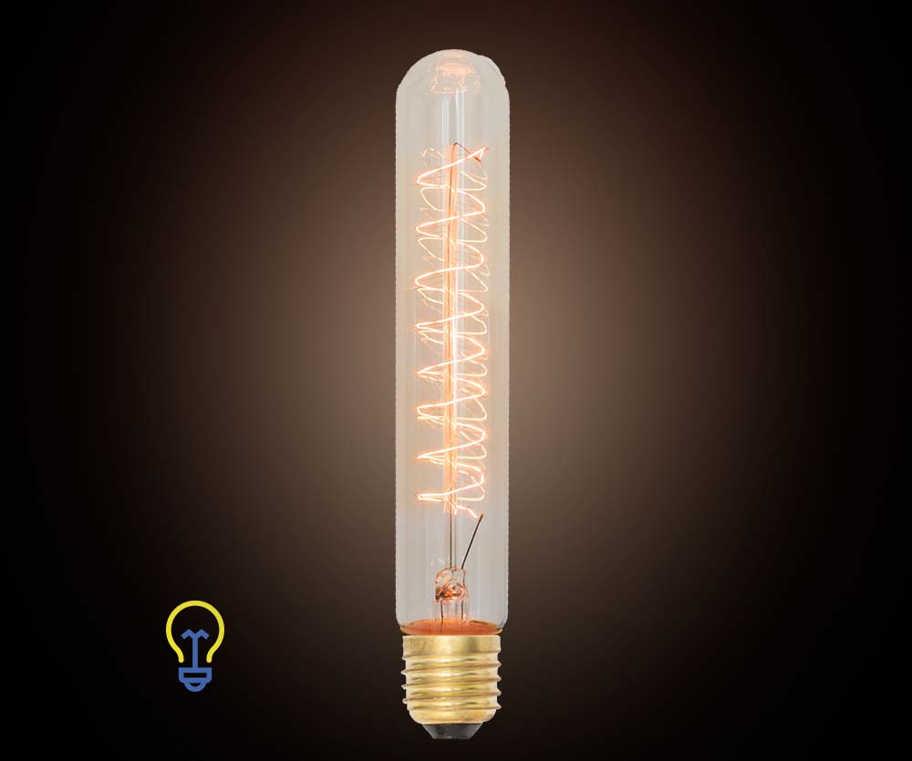 Kooldraadlamp Buislamp. Een zeer grote, langwerpige Edison filament bulb met grote E27 fitting. Het gedraaide kooldraad geeft een sierlijk en warm effect.