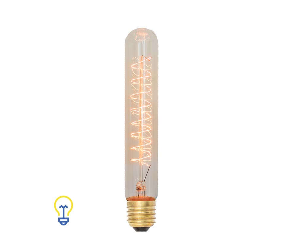 Kooldraadlamp Buislamp. Een zeer grote, langwerpige Edison filament bulb met grote E27 fitting. Het gedraaide kooldraad geeft een sierlijk en warm effect.